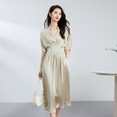 Womens Silk Midi Dress Draped V - Neck Cinched Waist Long Silk Dress